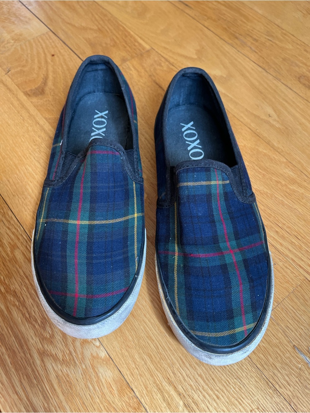 XOXO Plaid Slip-On Sneakers in Navy, Green, Red, Yellow